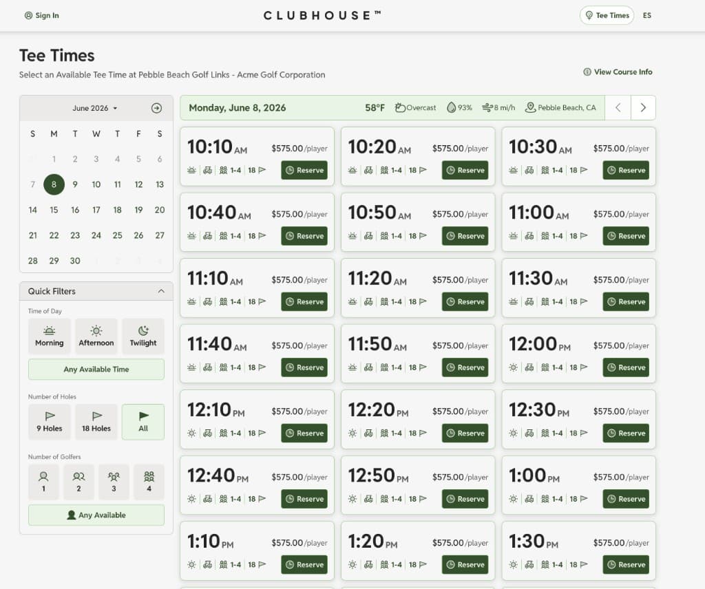 ClubHouse tee time booking interface